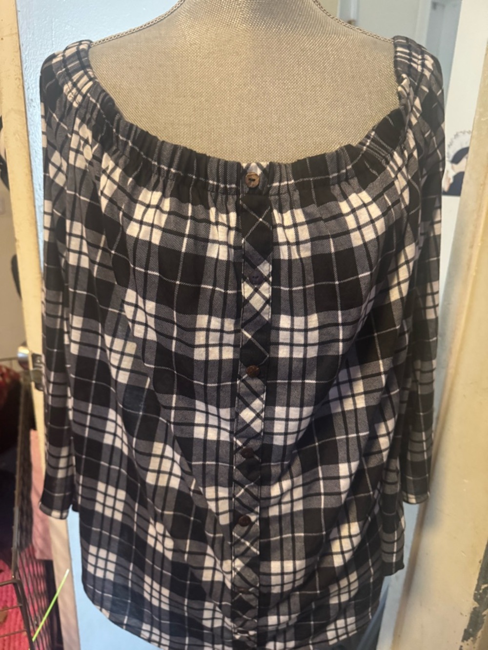 Black and White Plaid Button-Front Blouse